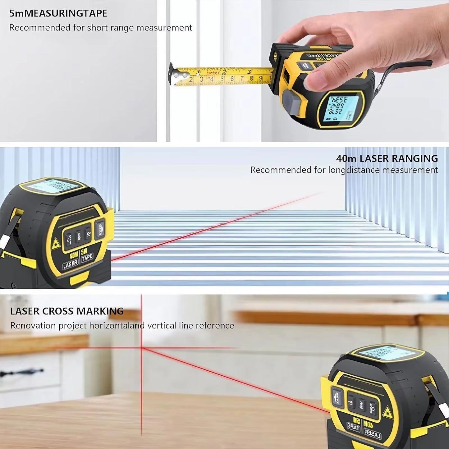 LaserPro 3-in-1 Measuring Tool - 40/60M Infrared Distance Meter